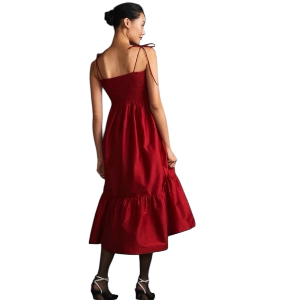 NWOT Anthropologie Dhruv Kapoor Red Smocked Bodice Tiered Midi Dress Size L - Picture 3 of 12